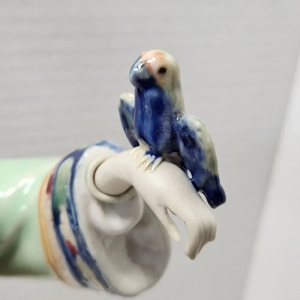 Vintage Chinese Shiwan Porcelain Lady Statue Songbird & Feeding Bowl Figurine